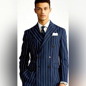 Navy Double Breasted Pinstriped Slim Fit Suit